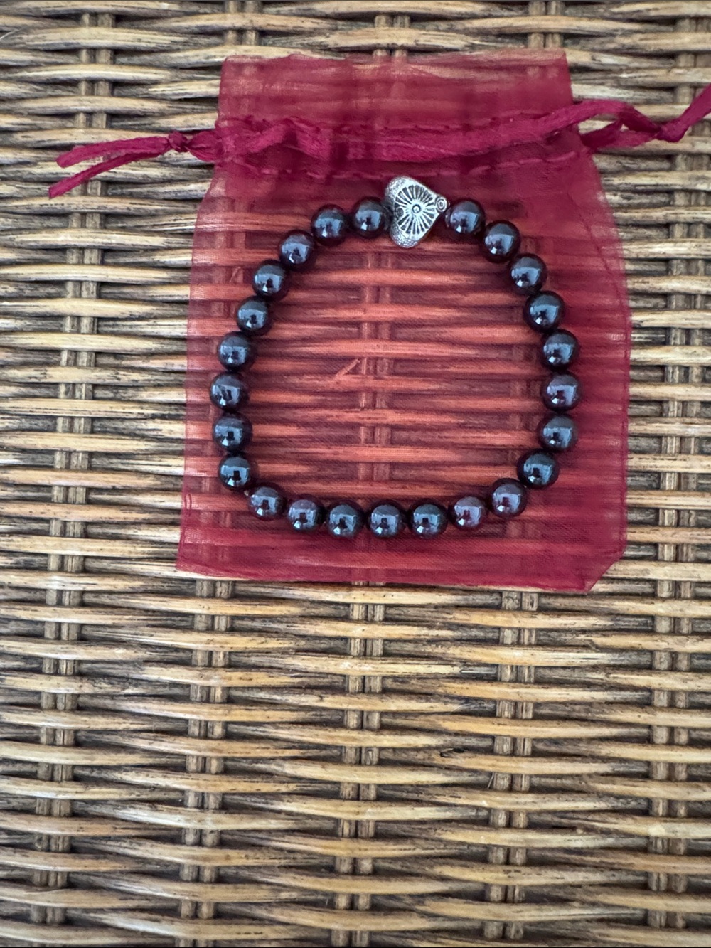 Handcrafted Dark Garnet Beaded Stretch Bracelet with Heart Accent
